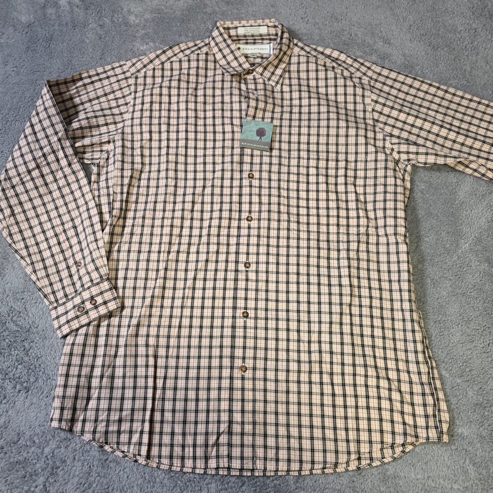 JJ Farmer Mens M Button Down‎ Shirt Tan Plaid Long Sleeve Cotton B9Y46